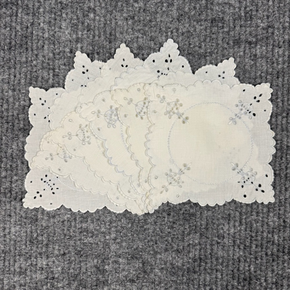 Vtg 30s 40s 50s Linen Cocktail Napkins Set 6 Cutwork Embroidery Scalloped 6x6